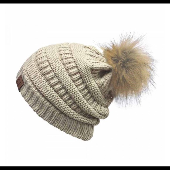 Accessories - Beige Cable knit original C.C beanie faux fur pom